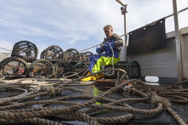 A fisherman sitting on a boat tying knots in lines, lobster pots are stacked in the background.