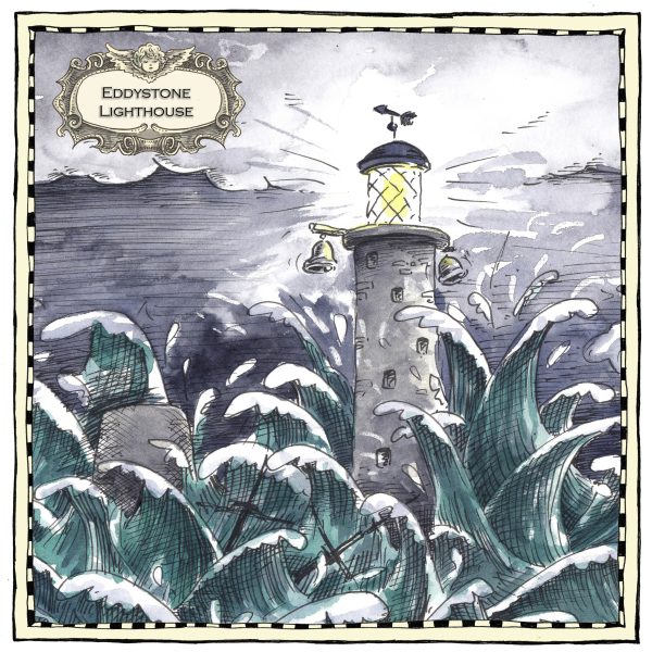 Illustration of Eddystone Lighthouse. Green and white waves are crashing up against the lighthouse, its light shining bright into the night sky. Two bells sit either side of the light as a boat with two masts is sinking in the forefront.