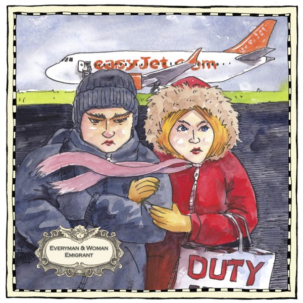 Illustration of two people in warm clothing standing together on a runway. An easy jet plane is behind them.