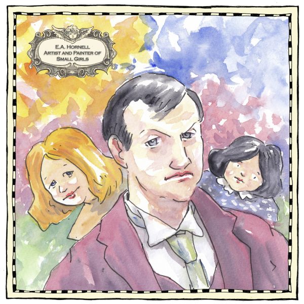 Illustration of E A Hornell. He is wearing a suit and tie, two young children are behind him.
