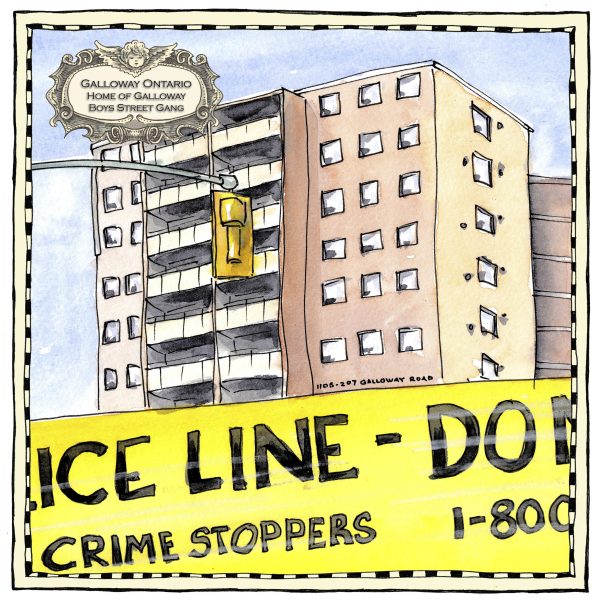 Illustration of a tower block apartment. A yellow police Do Not Cross tape runs across the bottom. A traffic signal above.