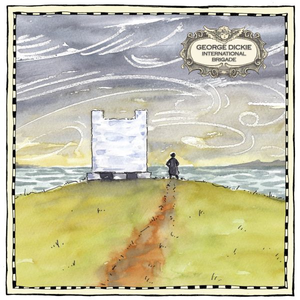 Illustration of George Dickie standing at the white tower in the Isle of Whithorn, Scotland, looking out over the sea.