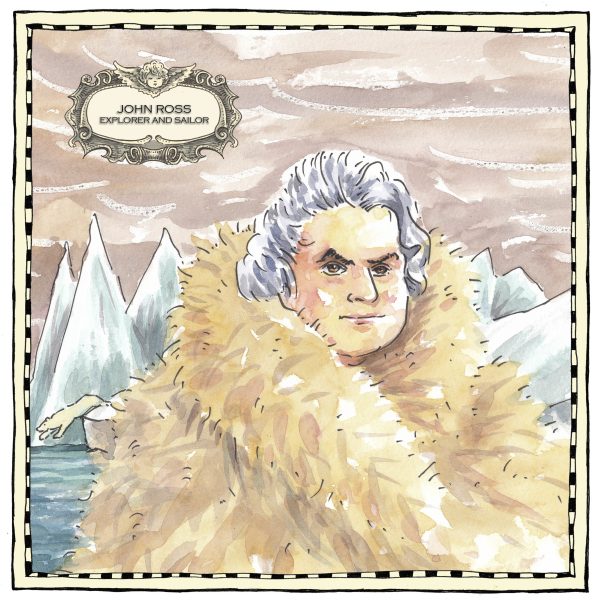 Illustration of John Ross the explorer. He is wearing a large fur coat amongst ice burgs, a polar bear is jumping into the water behind him.