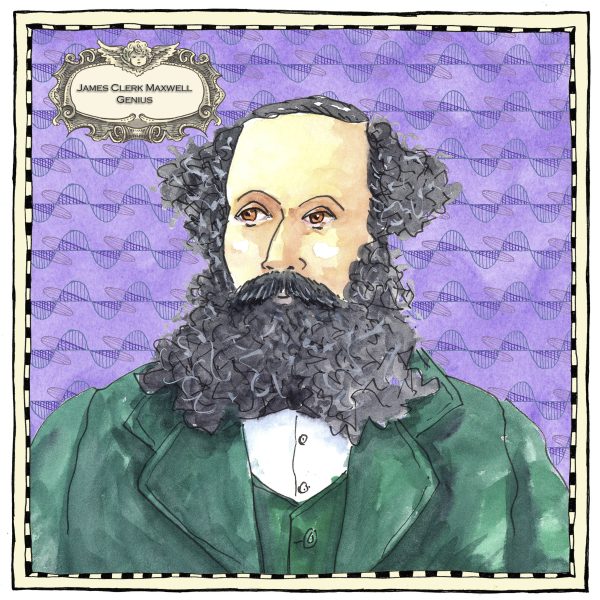Illustration of James Clerk Maxwell, one of the greatest physicists who ever lived. He is wearing a green coat has black hair, moustache and a long beard.