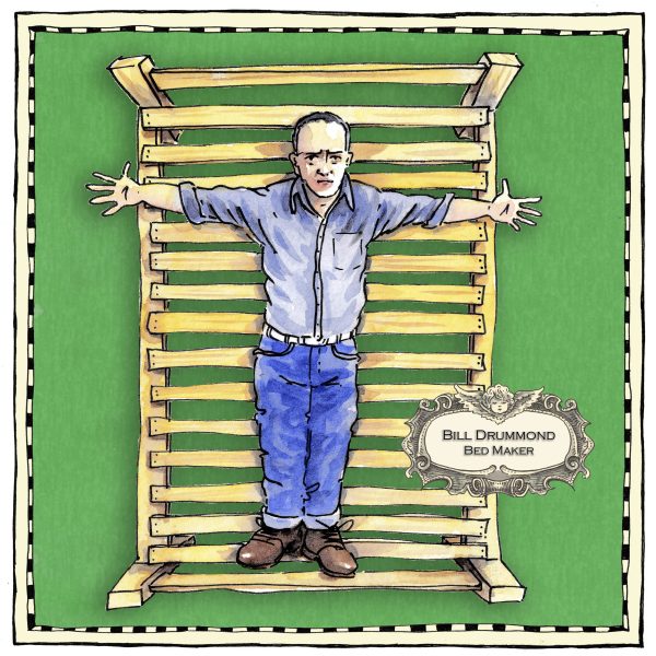 Illustration of Bill Drummond lying fully clothed on a wood slatted bed, against a green background.