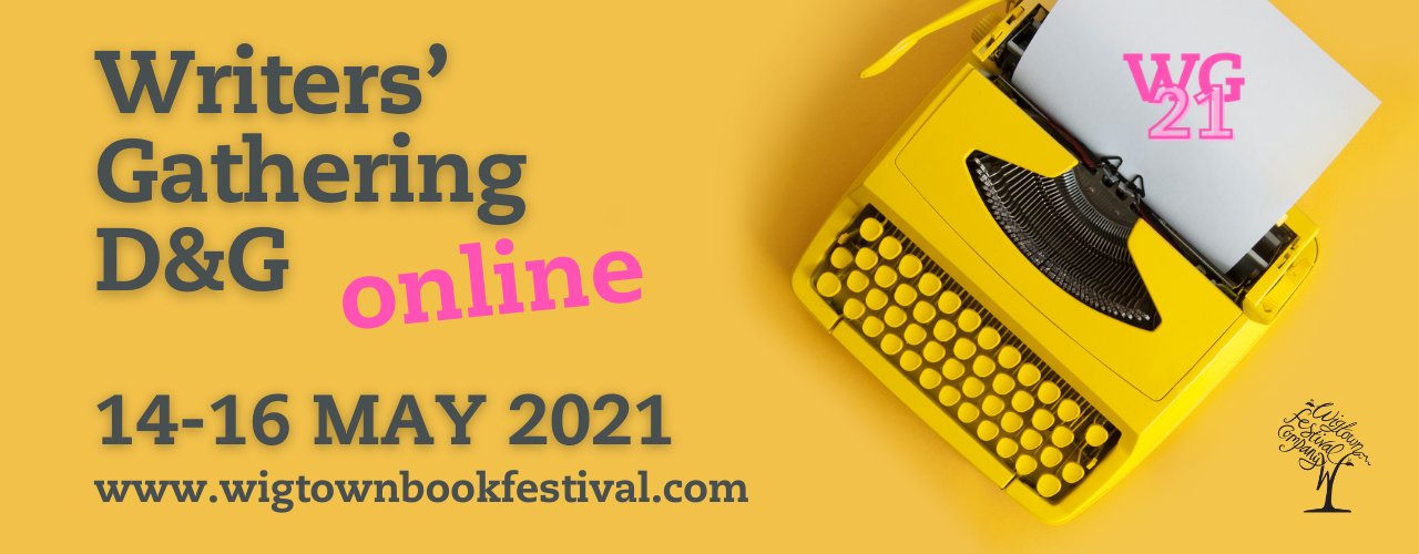 Poster for the 'Writers Gathering D&G online 2021. A yellow typewriter, a white piece of paper with WG 21 written on it. The Wigtown Festival Company logo in the Bottom right hand corner.