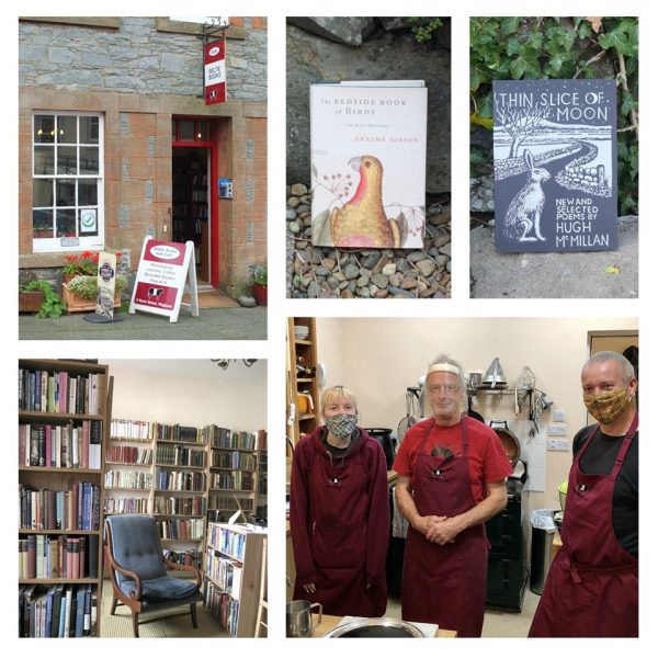 Beltie Books and cafe. Outside and inside view, book covers and cafe staff.