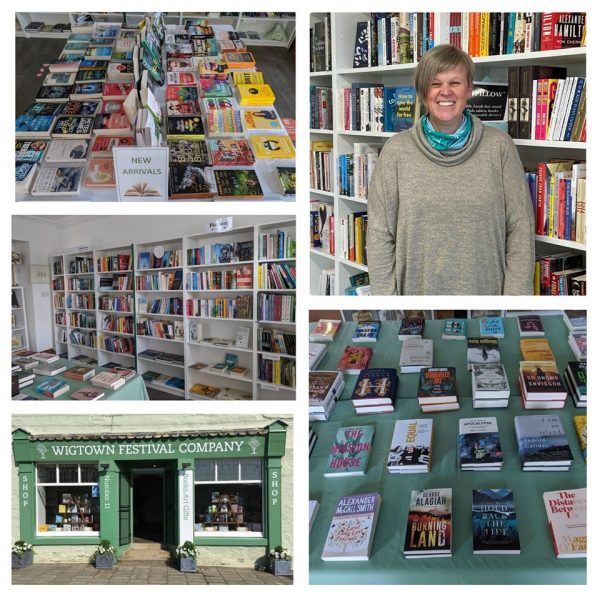 Number 11 The Wigtown Festival Company Bookshop. Inside and outside views, a volunteer standing in front of bookshelves of books.