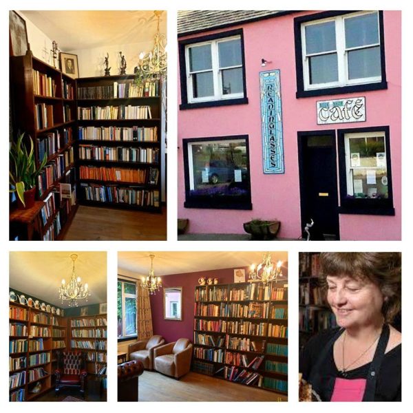 ReadingLasses Bookshop and cafe, Wigtown. Outside view of the pink painted shop and sign. Inside various bookshelves and proprietor Jacqui Roberts.