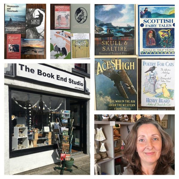 The Book End Studio. Various book covers, the front windows and sign and the proprietor Julie Houston.