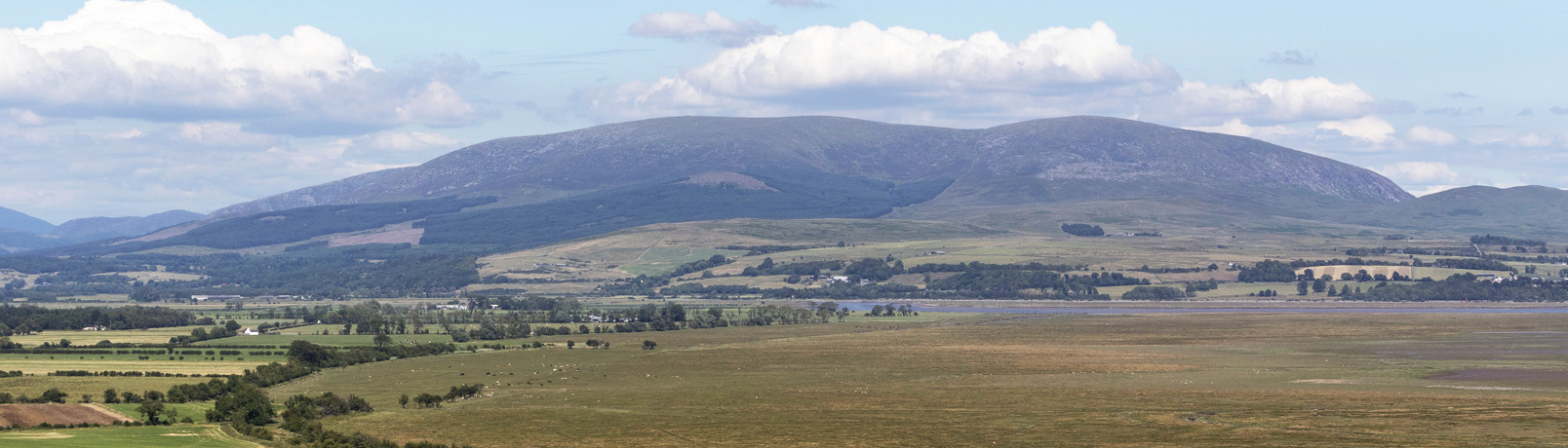 An aerial view of the Galloway Hills surrounded by fields, trees and the Cree Estuary. Blue skies with clouds.
