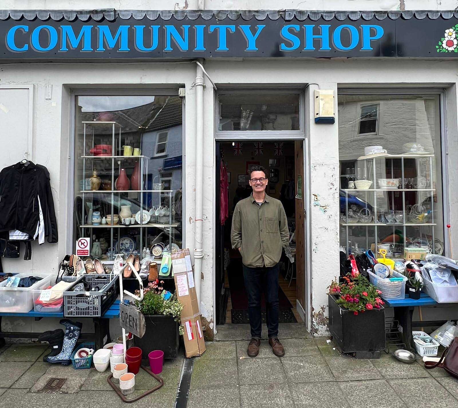 David Farrier stood outside Wigtown Community Shop