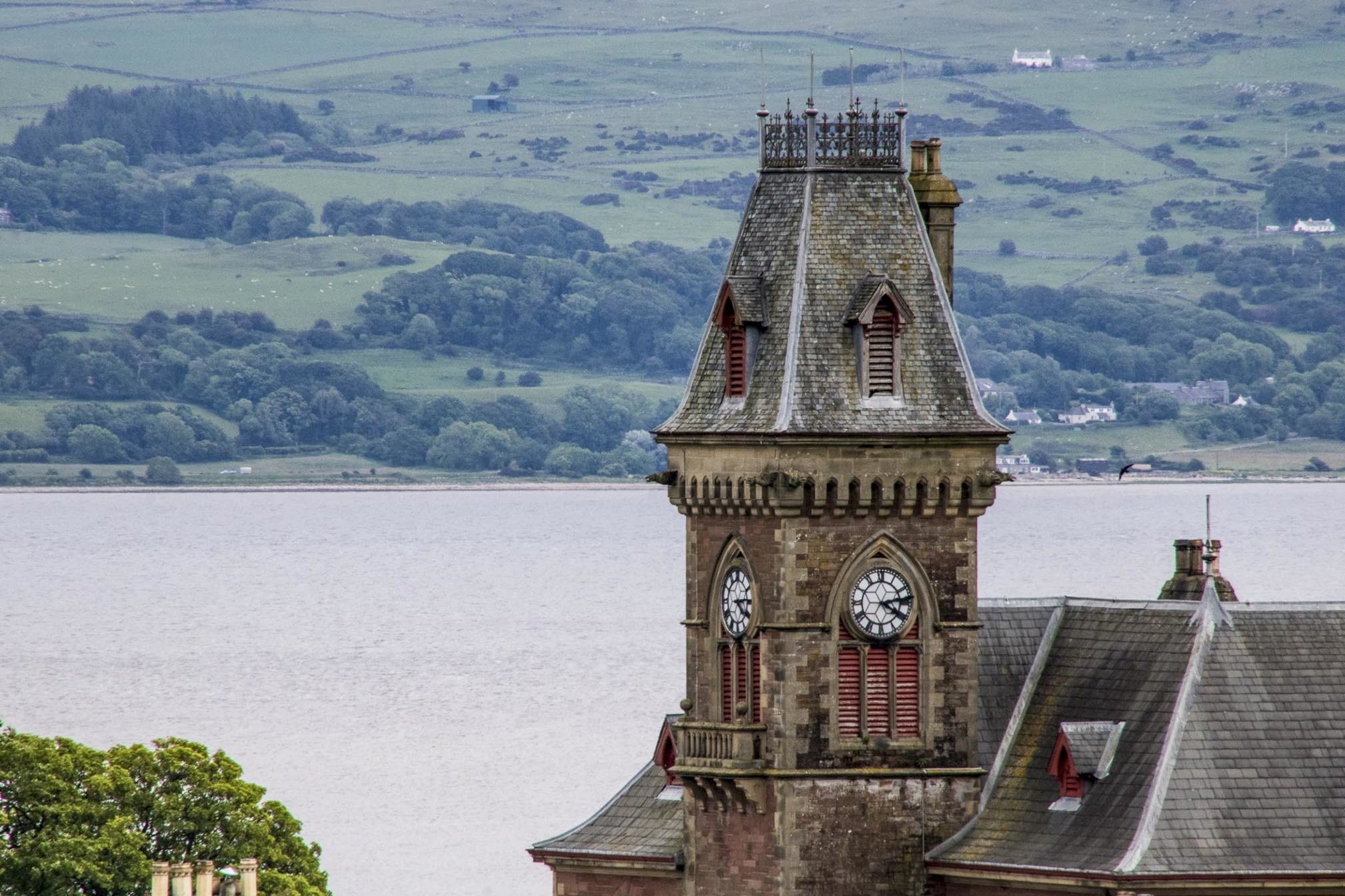 A bird's eye view of Wigtown bay and Wigtown County Buildings clock tower. Scotland's National Book Town.
