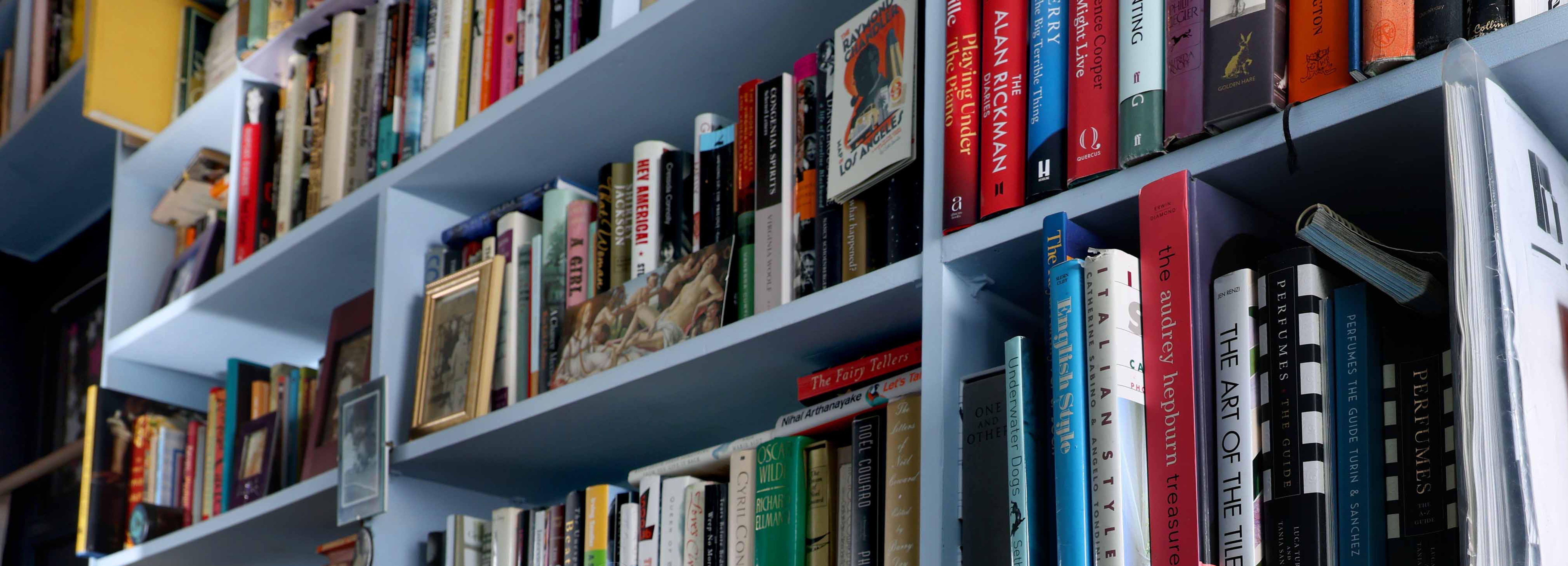 Blue bookshelves full of books.