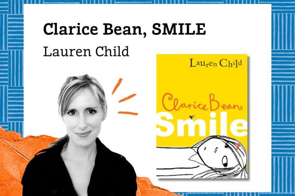 Children's Book Festival author Clarice Bean pictured with her book Smile. A yellow book cover featuring an illustrated child lying down, turning their head to the side.