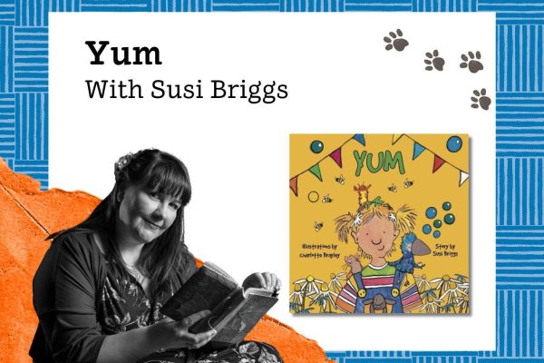 Children's Book Festival author Susi Briggs pictured with her book Yum. The book cover is yellow with a young child surrounded by animals, flowers and colourful bunting.