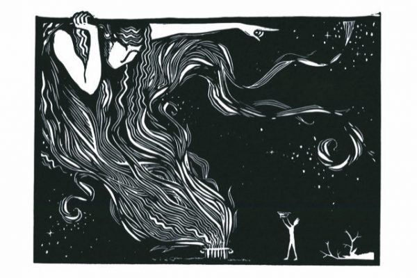 Black and white illustration of a goddess with long hair pointing to a lone figure holding an offering. Stars are entangled in her hair.