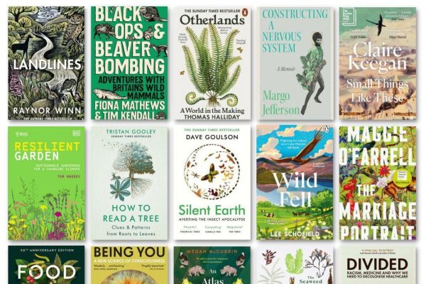A selection of book covers in greens and with natural images including ferns, trees and landscape.