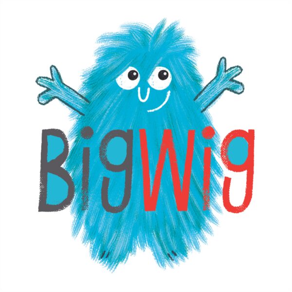 Big Wig children's festival logo. Illustration of Big Wig, the fluffy blue mascot, with the words 'Big Wig' in grey and red writing in front.